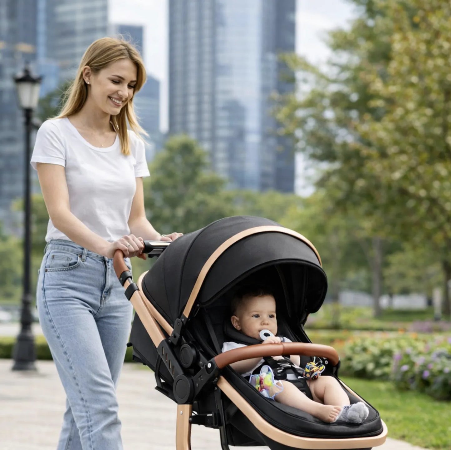 Poussette Bébé 3-en-1 – Châssis Pliable avec Nacelle et Assise Réversible