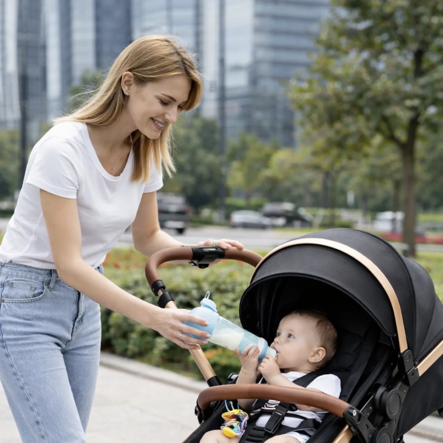Poussette Bébé 3-en-1 – Châssis Pliable avec Nacelle et Assise Réversible