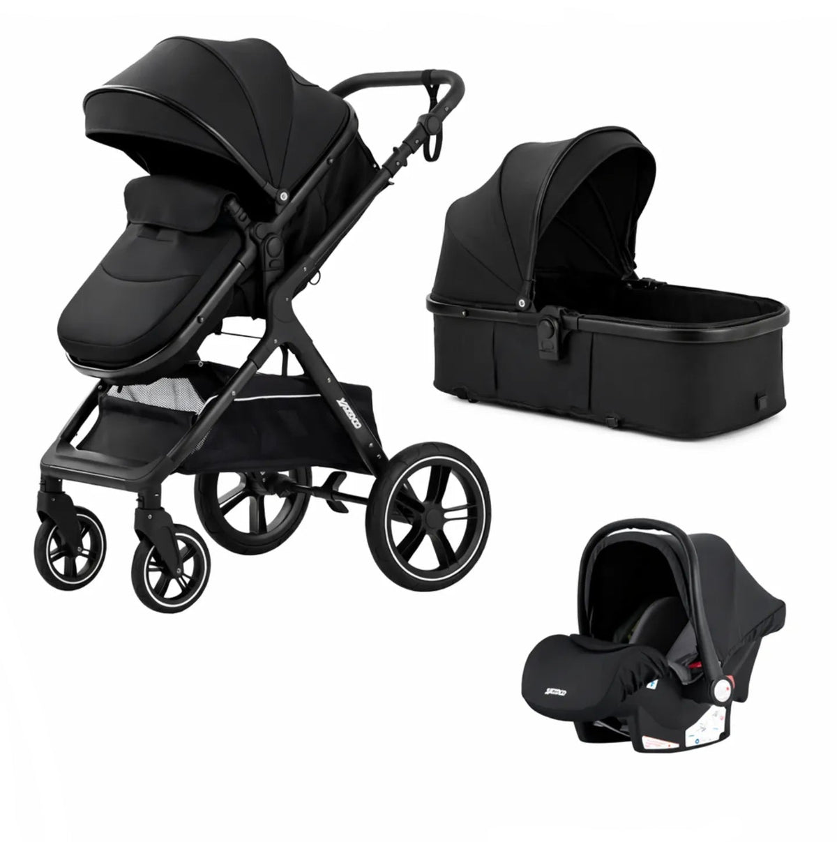 Poussette bébé trio 3 en 1 noire avec nacelle et siège réversible